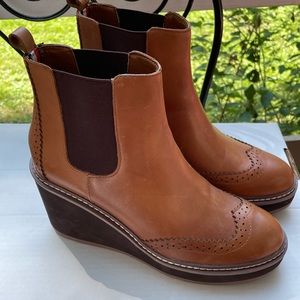 Tommy Hilfiger Brown Leather Sirina Platform Wedge Booties, Size 8.5.